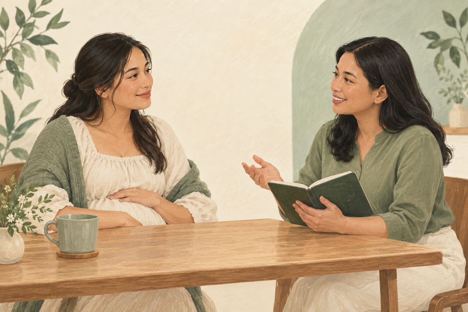 Illustration of two women discussing questions together at a table